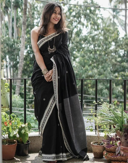 Soft Linen Cotton Saree-  Black