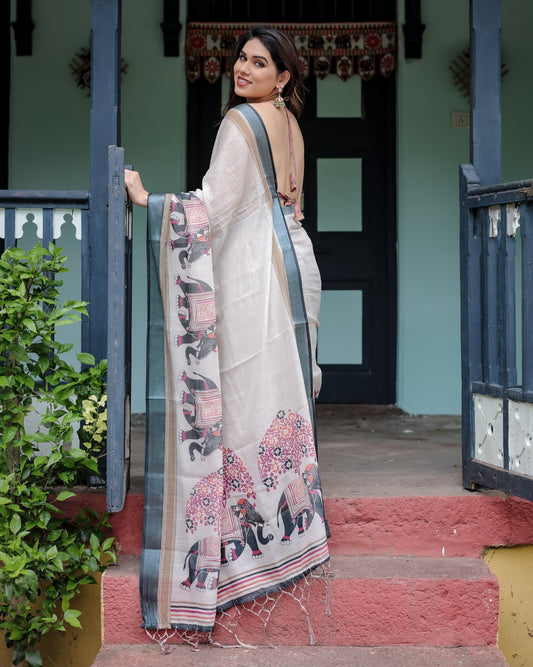 Soft off White Linen Saree - 104