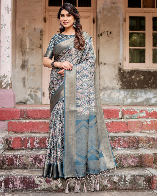 Banarasi Digital Print Silk Navy Blue & Gray- 1187