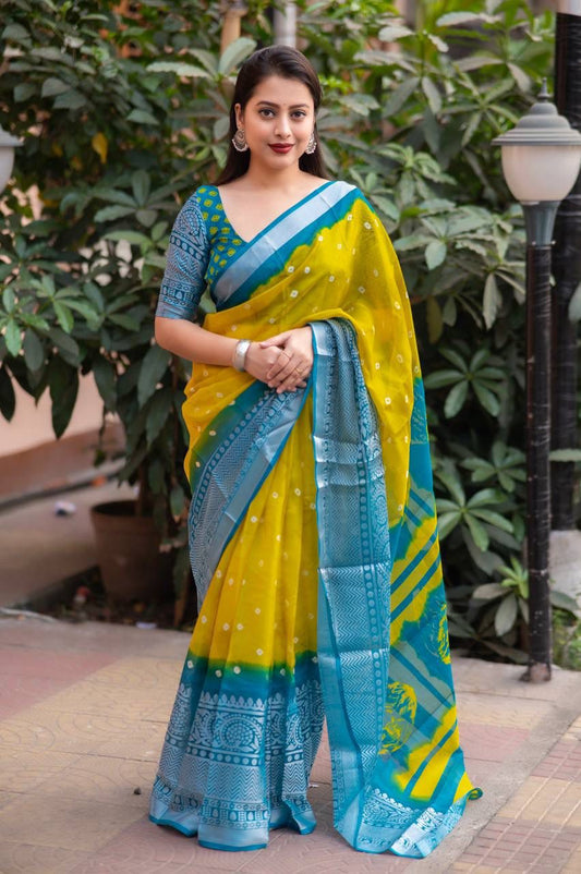 Soft Jute Silk Saree with Bandhej Print