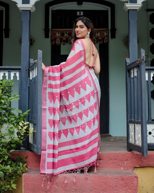 White Bade Linen Saree- 105