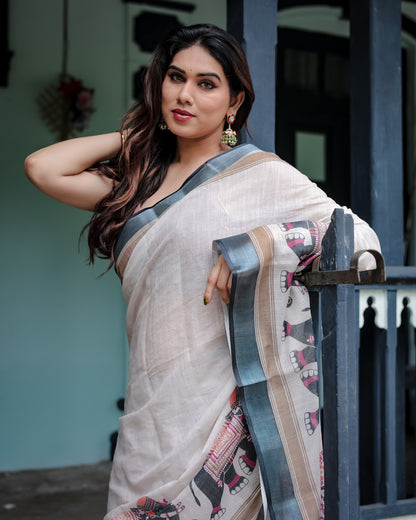 Soft off White Linen Saree - 104