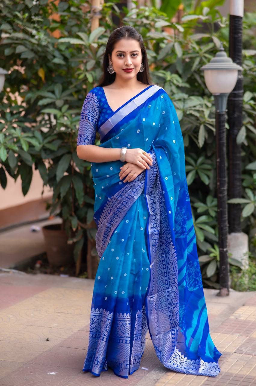 Soft Jute Silk Saree with Bandhej Print