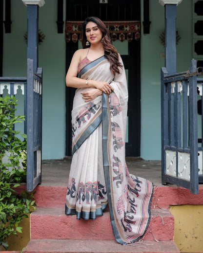 Soft off White Linen Saree - 104