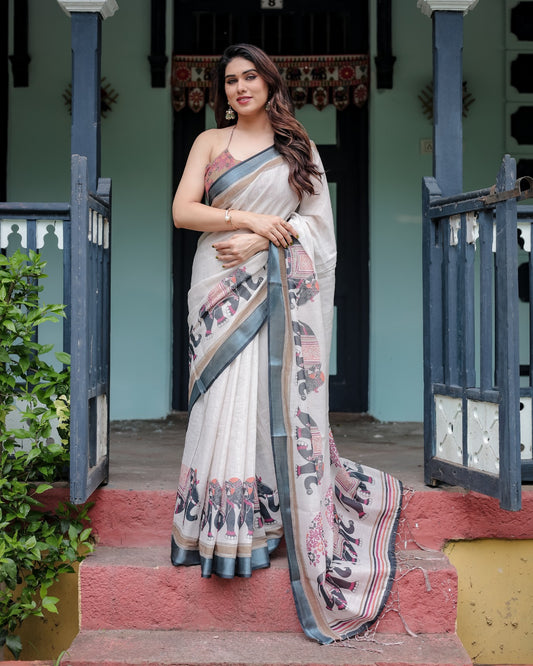 Soft off White Linen Saree - 104