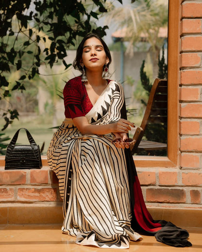 Ajrakh Bandhani Gajji Silk Saree- Ivory White