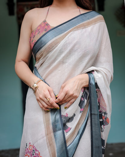 Soft off White Linen Saree - 104