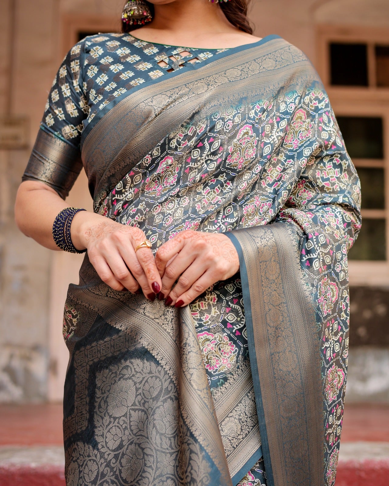 Banarasi Digital Print Silk Navy Blue & Gray- 1187