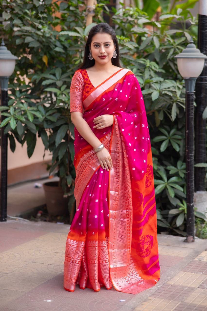 Soft Jute Silk Saree with Bandhej Print
