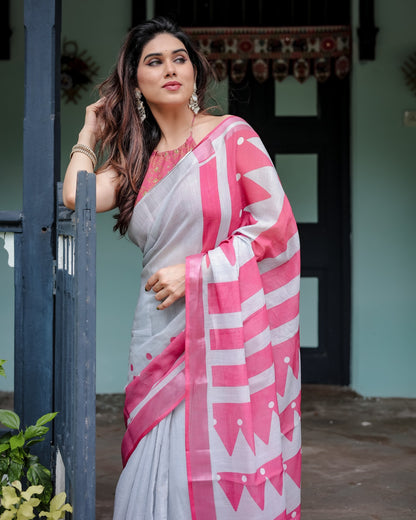 White Bade Linen Saree- 105