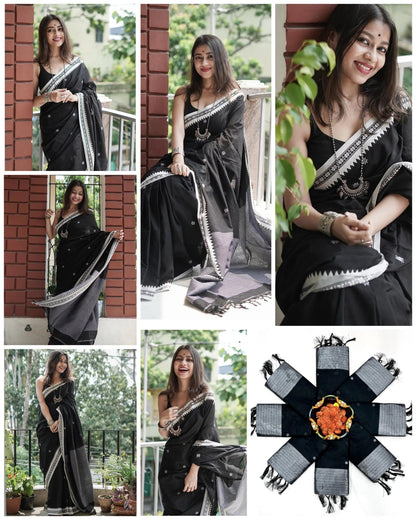 Soft Linen Cotton Saree-  Black
