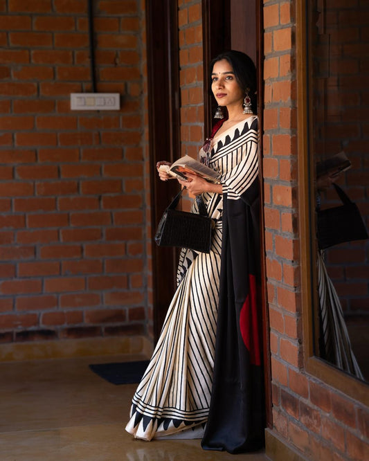 Ajrakh Bandhani Gajji Silk Saree- Ivory White