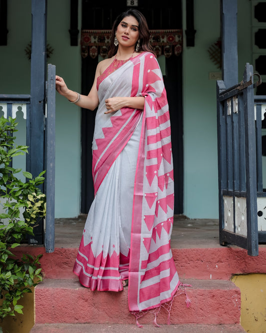 White Bade Linen Saree- 105