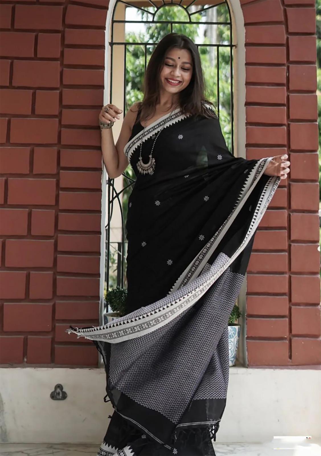 Soft Linen Cotton Saree-  Black