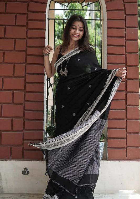 Soft Linen Cotton Saree-  Black