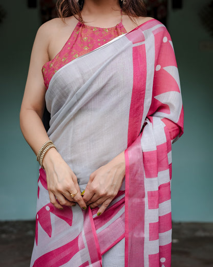 White Bade Linen Saree- 105