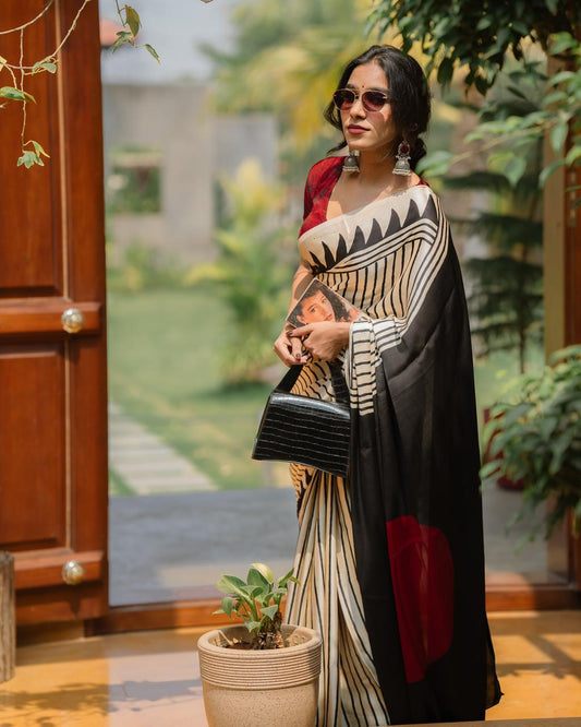 Ajrakh Bandhani Gajji Silk Saree- Ivory White