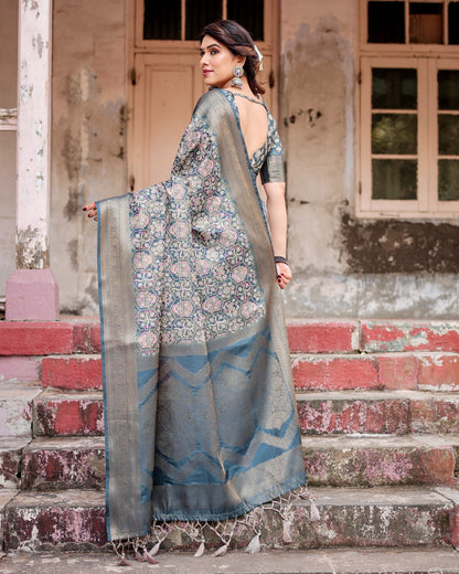 Banarasi Digital Print Silk Navy Blue & Gray- 1187