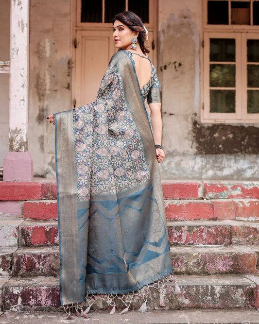 Banarasi Digital Print Silk Navy Blue & Gray- 1187
