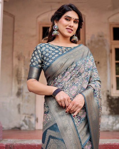 Banarasi Digital Print Silk Navy Blue & Gray- 1187